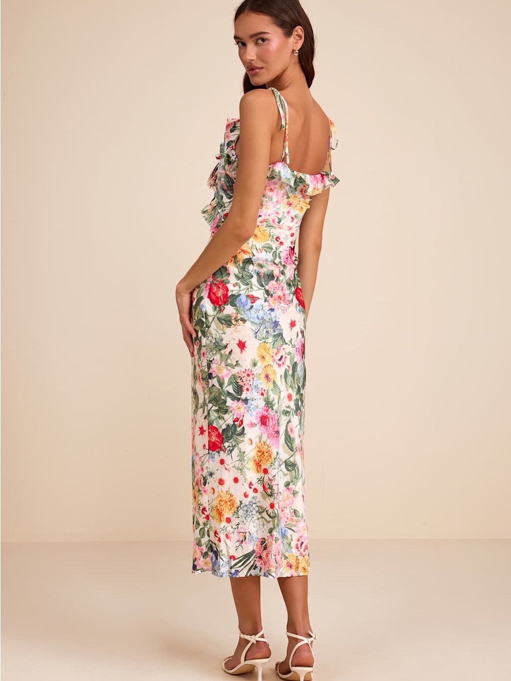 NWT Lulus Clelia Ivory Multi Floral Satin Ruffled Tie-Strap Midi Dress - Picture 2 of 5